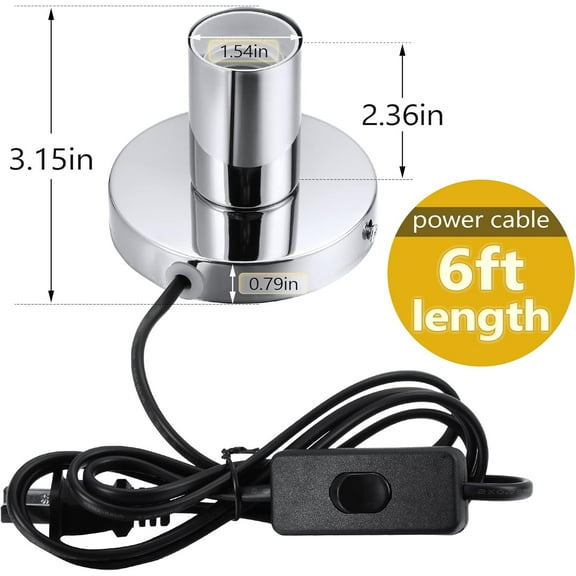 EFEMF-2 Pcs Polished Metal Desktop Lamp Base E26 E27 Screw Light Bulb Holder Sockets Night Light Base Lamp Replacement for Holding Bulb 6 Feet Cord on Off Switch Plug(Silver)