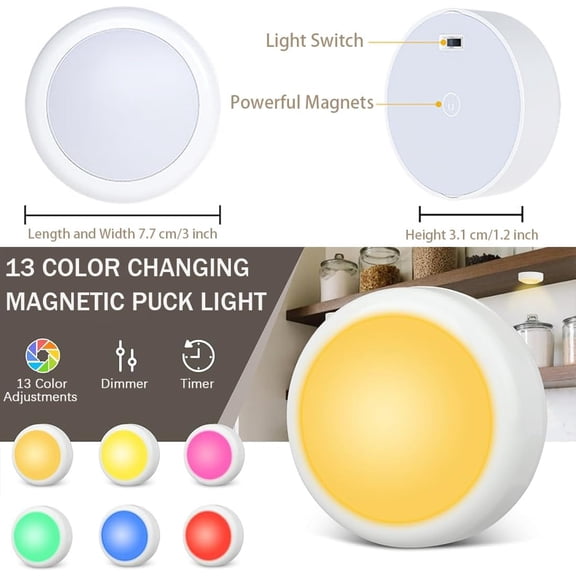 EFEMF-2 Pcs Puck Lights,Rechargeable Led Puck Lights,13 Colors Under Cabinet Lighting,Stick on Lights,Magnetic Push Light with Dimmer and Timer for Bedroom,Kitchen,Closet,Stairs,Car