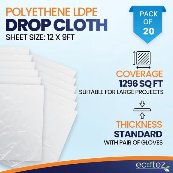 EFEMF-20 Pack 12 x 9 ft Extra Large Painter's Drop Cloth - Light & Durable Dust Cover - Clear Plastic Sheet - Paint Drop Cloth - Plastic Floor Protector