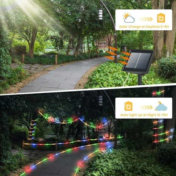 EFEMF-200 LED Solar Rope Lights Outdoor, 66FT Solar String Lights Indoor Waterproof Solar Powered Trampoline Light Clear Tube Pool Light for Camping Fence Yard Walkway Path Garden Outside Decor(Multi