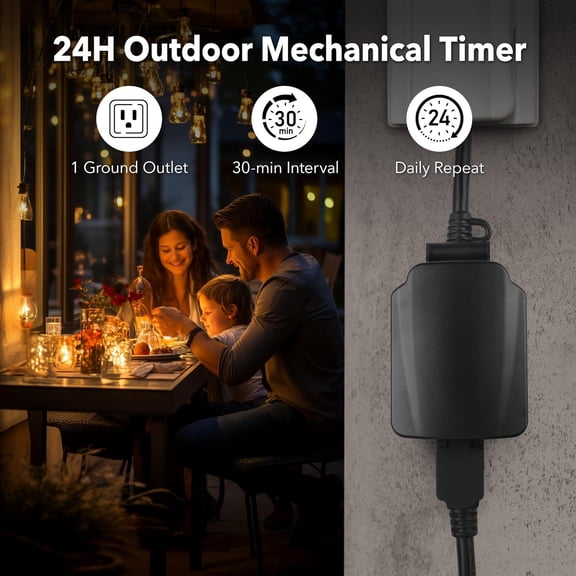 EFEMF-24-Hour Mechanical Outdoor Light Timer, Waterproof, Heavy Duty, 15A 1/2HP, 1 Grounded Timer Outlet for Home and Garden