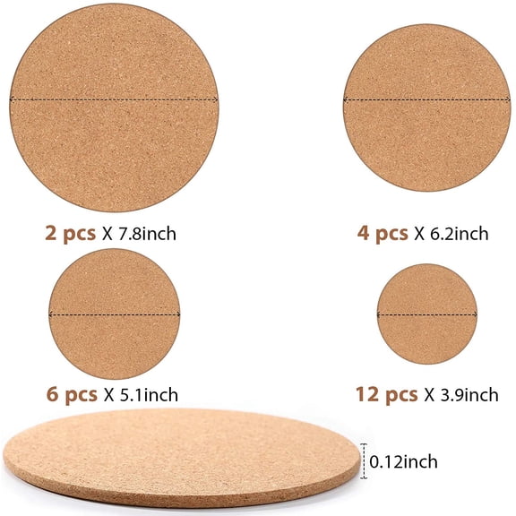 EFEMF-24 Pcs Cork Coasters - Thick Round Blank Cork Base Mat for Wine Glasses, Home Bar, Kitchen, Restaurant, Cafe, Wedding Party, 1/4" Thickness, 4 Sizes