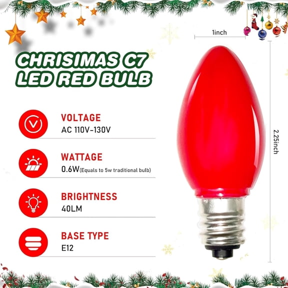 EFEMF-25 Pack C7 LED Replacement Bulbs C7 Plastic Red String Lights Replacement Bulbs, C7/E12 Candelabra Base, 0.6 Watt