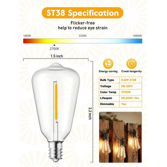EFEMF-25 Pack ST38 LED Light Bulbs, Outdoor String Light Replacement Dimmable Shatterproof Bulbs, 0.6W Equivalent to 7W Incandescent Bulbs, E12/C7 Base (Not Work with Solar String Lights)