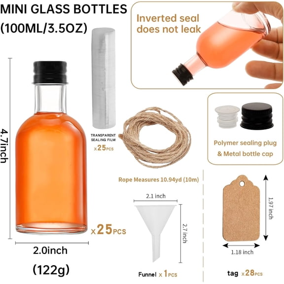 EFEMF-25 Pcs 3.5 OZ Mini Glass Liquor Bottles with Lids Small Glass Wine Bottles Reusable Empty Alcohol Bottles with Aluminum Black Screw Cap (3.5OZ 25PC)