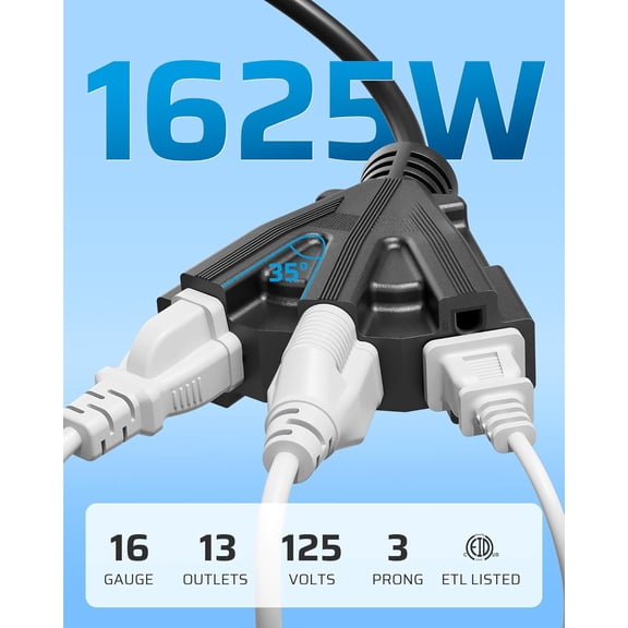 EFEMF-25FT Outdoor Extension Cord, Tri-Tap Extension Cord Splitter, 3 Outlet 16/3 SJTW Power Cable for Landscape Lighting String Lights, 13A/125V/1625W, ETL Listed, Black, 1 Pack