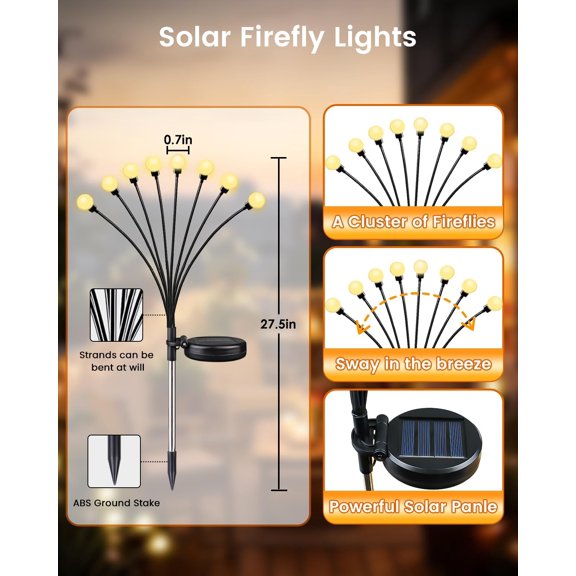 EFEMF-2Pack 16LED Solar Firefly Lights - Outdoor, Sway by Wind, Waterproof for Garden Pathway Decoration (Warm White)