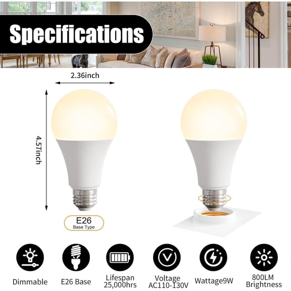 EFEMF-2Pack A19 LED Light Bulbs with Remote Control, 9W 800LM Smart Cordless Light Bulb, Dimmable E26 Led Bulb with Timing/Memory Function, Ideal Lighting forLamp, 60W Equivalent 3000K-6000K