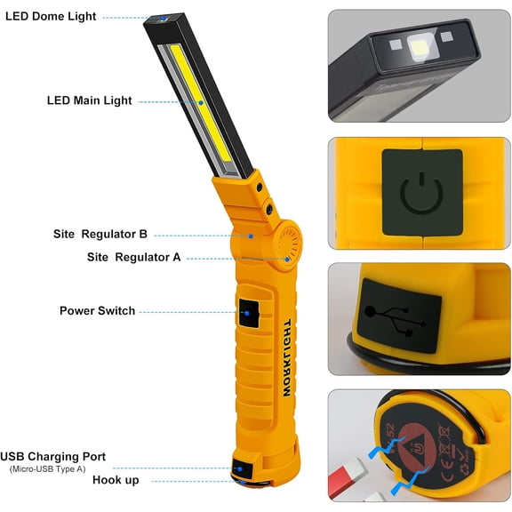 EFEMF-2Pack LED Work Light, USB Rechargeable COB Light with Magnetic Base 360Rotate and 5 Modes, Folding Flashlight Inspection Light for Car Repairing, Workshop, Household and Emergency Use, Large