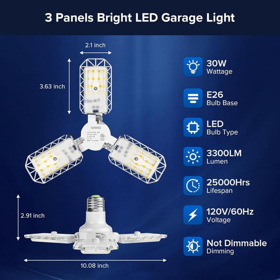 EFEMF-3-Panel Deformable LED Garage Light, 300W Equivalent 30W, Garage Lights Ceiling Led,E26 Screw in Adjustable Shop Light with 5000K Daylight, for Garage Workshop Basement, ETL Certified