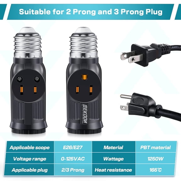EFEMF-3 Pcs Light Socket to Plug Adapter, E26 Lamp Sockets Converter to 3-Prong Outlet & Bulb Holder, Screw-in Light Socket Adapter for Garage, Porch & Utility Areas (Black)