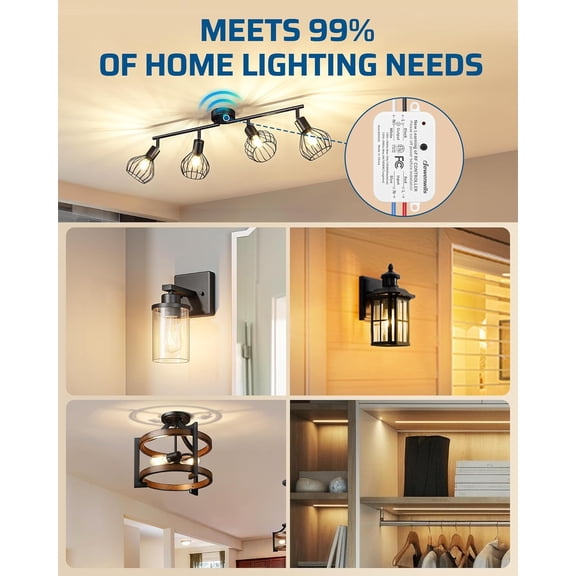 EFEMF-3 Way Wireless Light Switch and Receiver Kit, Remote Control for Ceiling Lights, Fans, Lamps, No in-Wall Wiring, No WiFi Needed, Wireless Panel Switch,100Ft RF Range