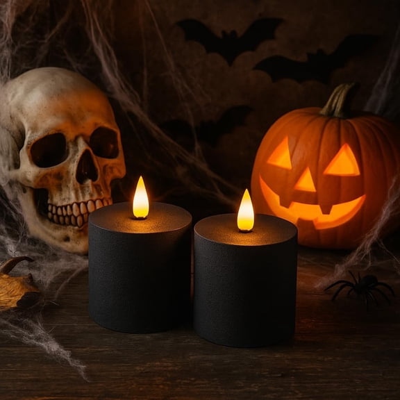 EFEMF-3"x3" Black Flameless Flickering Candles with Remote Timer - Battery Operated Plastic Texture Pillar LED Candles Set of 2 for Gothic Home Decorations