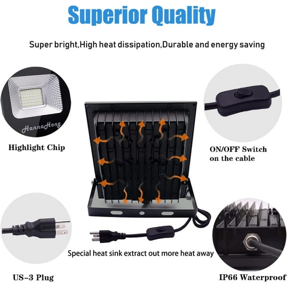 EFEMF-30W LED Flood Light with Plug,3000lm Super Bright Security Lights, IP66 Waterproof Outdoor Work Light, 6000K Daylight White Spotlight for Eave, Porch, Garage, Patio, Yard, Garden, Lawn