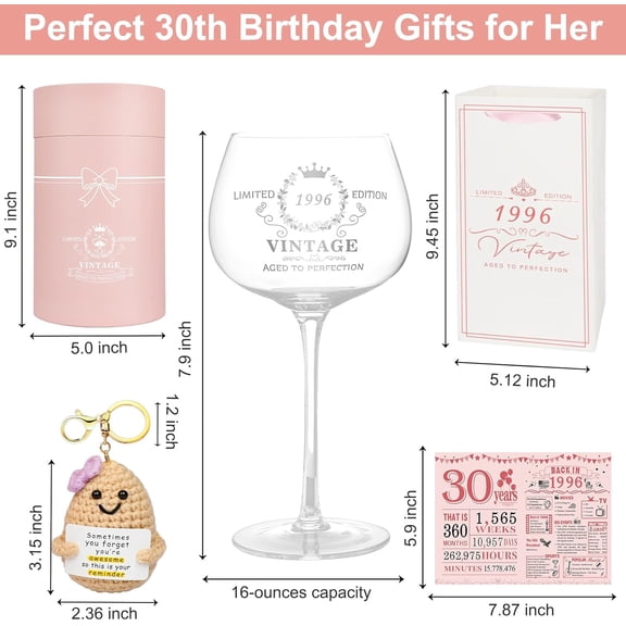EFEMF-30th Birthday Gifts for Women,Vintage 1996 Platinum Print Wine Glass, 30th Birthday Decorations for Women, Happy 30 Year Old Gift Ideas for Wife, Her, Friends - 16Oz Wine Glass
