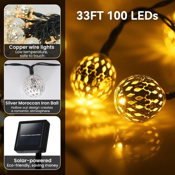 EFEMF-33FT 100LED Solar String Lights Outdoor Waterproof,Globe Solar Fairy Lights Outdoor with 8 Modes,Moroccan String Lights Solar Powered for Garden Yard Porch Wedding Party Decor (Warm White)
