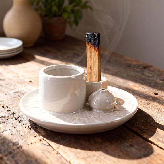 EFEMF-4 in 1 Ceramic Incense Holder, Palo Santo Stick Holder, Sage Holder for Burning, 5.2" Ash Catcher Tray for Meditation, Yoga & Home Decor (White)