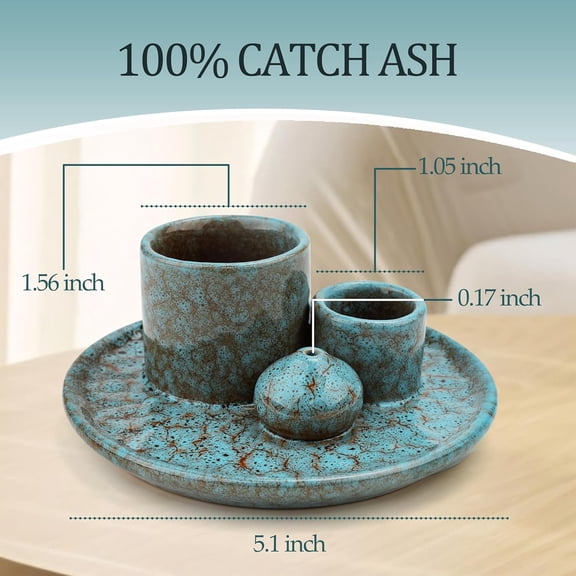 EFEMF-4 in 1 Incense Burner Holder,Sage Holder for Burning,Palo Santo Holder,Candle Holder,Ceramic Incense Burner Ash Catcher Tray for Meditation Yoga Room (Vintage Blue)