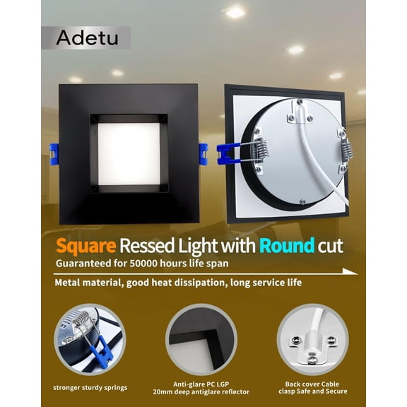 EFEMF-4 Inch Anti-Glare LED Downlight,Dimmable Ceiling Light with 5CCT Reset,Selectable from 2700K to 5000K - 12W 1080LM, ETL Certified (Black, 1 Pack Square)