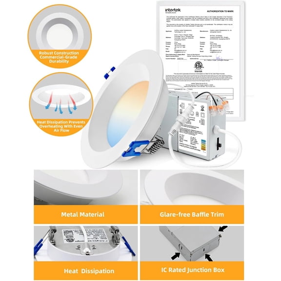 EFEMF-4 Inch Anti-Glare LED Downlight,Dimmable Ceiling Light with 5CCT Reset,Selectable from 2700K to 5000K - 12W 1080LM, ETL Certified (White, 1 Pack Round)