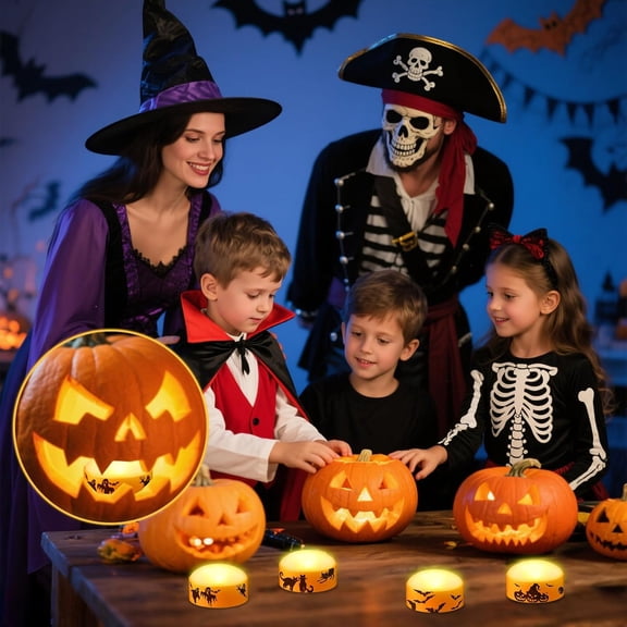 EFEMF-4 Pack Halloween LED Pumpkin Lights with Remote Control and Timer, Battery Operated Flameless Flickering Jack-o'-Lantern, Outdoor Electric Orange Candle Light for Halloween Pumpkins Decorations