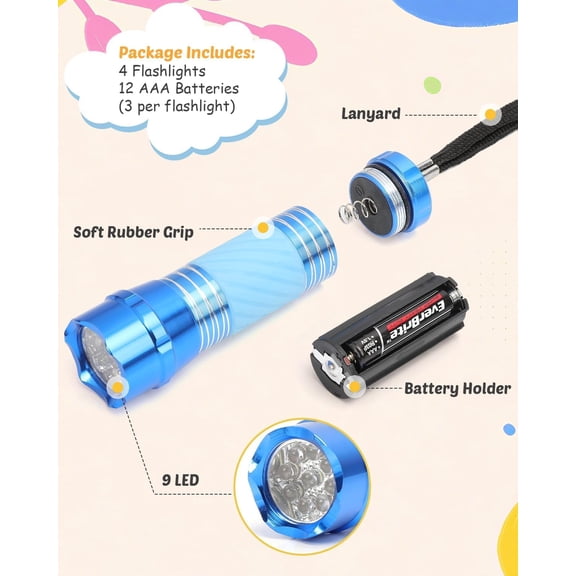 EFEMF-4-Pack Mini LED Aluminum Flashlight Party Favors Colors Assorted for Hurricane Supplies with Handle Glow in Dark