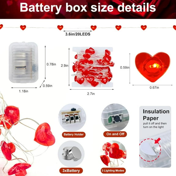 EFEMF-4 Pack Red Heart Led Fairy Lights Battery Operated String Lights, 7 ft 20 LED Waterproof Firefly Light on Silver Wire for Home Party Wedding Valentines Decorations