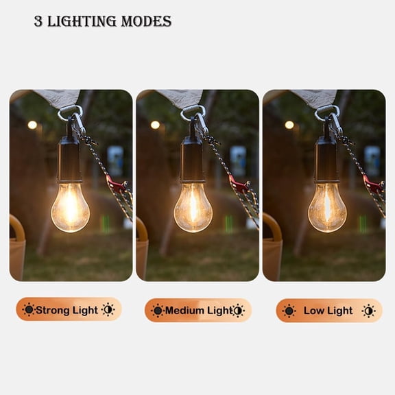 EFEMF-4 Pack Solar Camping Lights Hooked Tent Lamp Hanging Outdoor Camp Small Rechargeable Bulb Portable Lantern with Clip Hook 3 Lighting Modes for Hiking Backpacking Warm Light