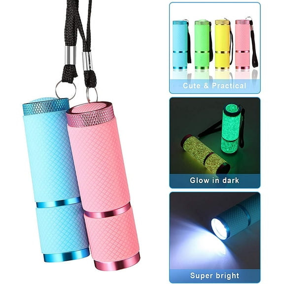 EFEMF-4 Pieces Glow in Dark Flashlights Set, 9 LED Mini Flashlights Rubber Coated with Handle, LED Fluorescent Aluminum Portable Flashlight for Parties, Hiking, Camping, 4 Colors