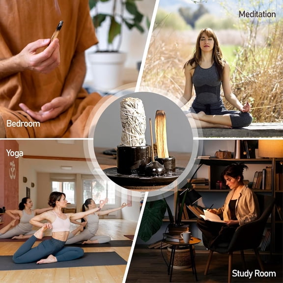 EFEMF-4 in 1 Incense Burner Holder, Palo Santo Sticks Holder, Ceramic Incense Holder Dish, Palo Santo Burner Chimney, Sage Bundle Smudge Bowl(Black)