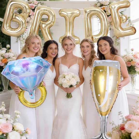 EFEMF-40inch Light Gold Bride Balloons with Engagement Diamond Ring Balloons Champagne Glass Foil Balloon for Bride to Be Bridal Shower Engagement Bachelorette Wedding Just Married Engaged Party Deco