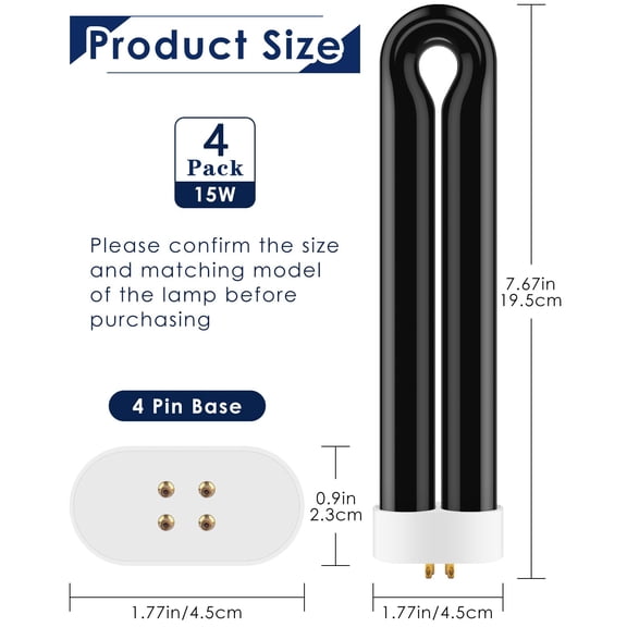 EFEMF-4Pack FUL15W BL Replacement Bulbs with 4 Pin Base, Indoor Outdoor 15W U Shape Lamp Tube Compatible with T6 T8 T9(Black)