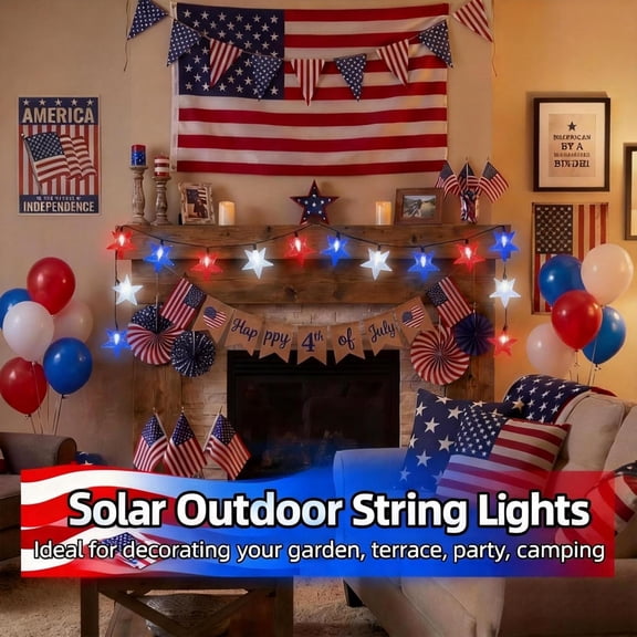 EFEMF-4th of July Twinkle Solar Star String Lights Decorations Outdoor Waterproof Fairy Lights 39FT Red White and Blue 100 LED with 8 Lighting Modes for Independence Day President Day Memorial Day