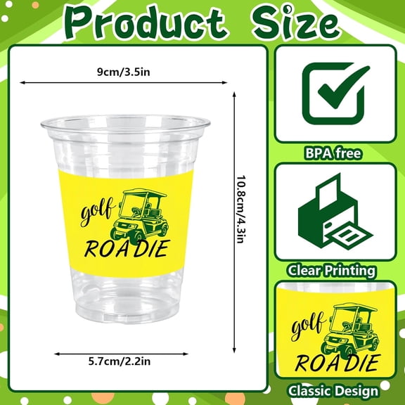 EFEMF-50 Pcs 12 Oz Master Golf Party Disposable Cup Let's Par-tee Yellow Green Golf Ball Plastic Party Cup Clear Glasses for Coffee Juice Drink Decorations Party Supplies