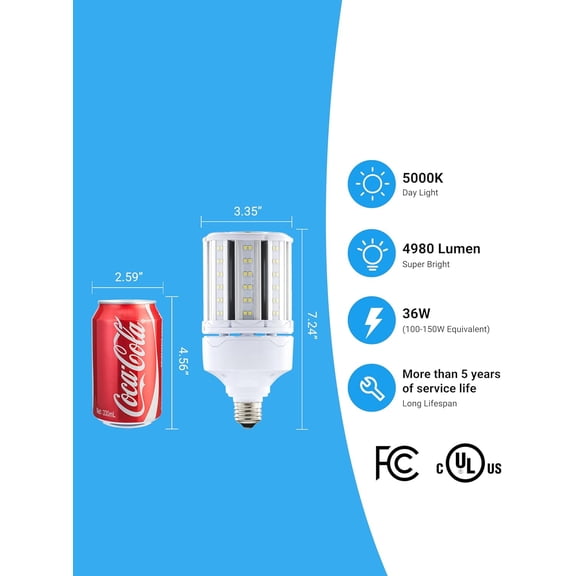 EFEMF-5000 Lumen Led Corn Bulb E26 36w 5000K Light, Daylight White Super Bright Lamp for Garage Factory Warehouse Workshop Street Backyard(1 Pack)