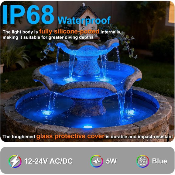 EFEMF-5W Submersible LED Pond Lights, Blue Color 12V Wired Low Voltage Outdoor Underwater Spot Lights for Pond Fountain Waterfall, 45 Beam Angle, IP68 Waterproof Stainless Steel, Black, 1PK