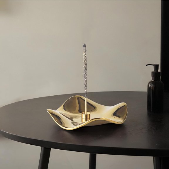 EFEMF-6.7 "Ceramic Incense Burner for Incense/Coil,Wavy Base with Brass -Incense Holder for Sticks,with Ash Catching Bowl for Meditation Yoga and Home Decoration (Gold)