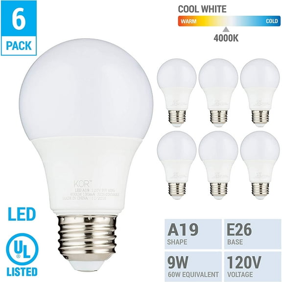 EFEMF-6 Pack A19 LED Light Bulb, 60W Equivalent, 4000K Cool White, 800 Lumens, Efficient 9 Watt Replacement Bulbs with E26 Standard Base, 15000 Long Life Hours, Non-Dimmable, 80+ CRI, UL Listed