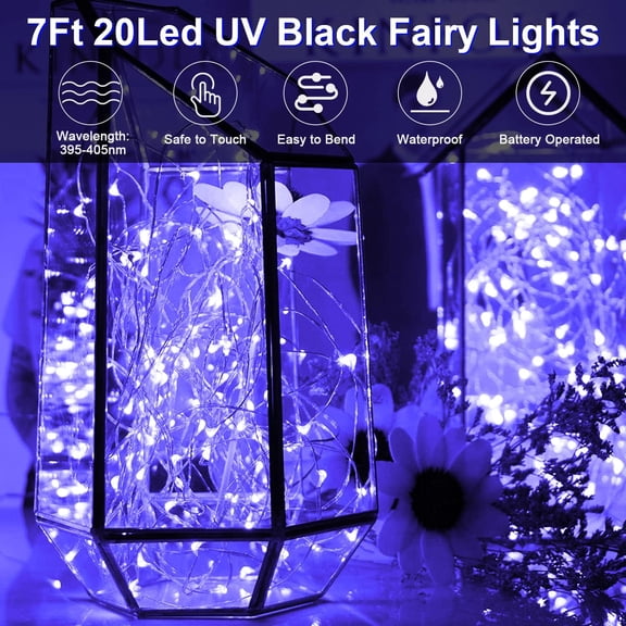 EFEMF-6 Pack Black Light Fairy Lights Battery Operated UV Black String Lights Waterproof Silver Wire 7 Ft 20 Led Firefly Starry Moon Lights for DIY Glow Party Body Paint Halloween Dcor