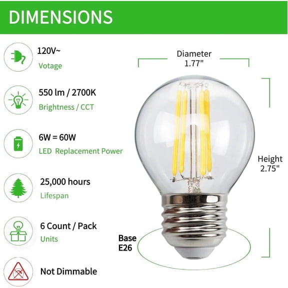 EFEMF-6-Pack G45 E26 LED Small Globe Bulbs 60Watt Equivalent, 2700K Warm White, 550Lumens, 6W G16.5 Vintage Chandelier Light Bulbs, Non-Dimmable, LED Filament Clear Glass Candle lamp for Home Office