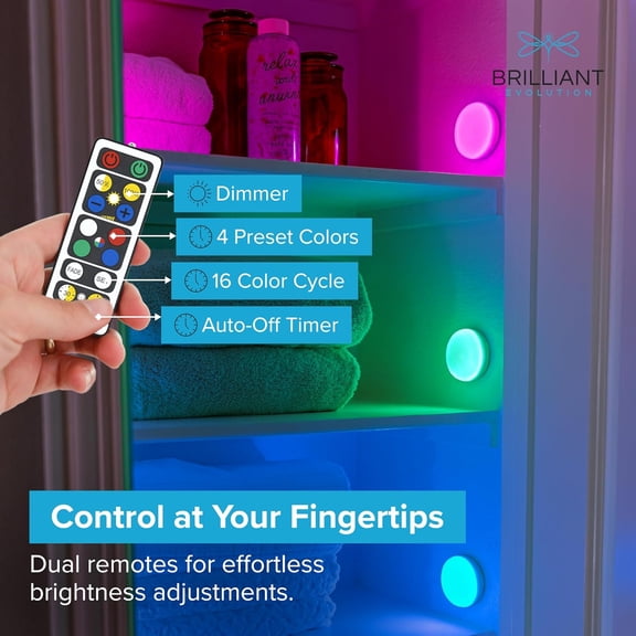 EFEMF-6-Pack Wireless RGB LED Lights - Battery Operated Puck Lights with 2 Remotes - Color-Changing LED Under Cabinet Lighting - 55 Lumens Each Night Light for Cabinets, Shelves, Walls