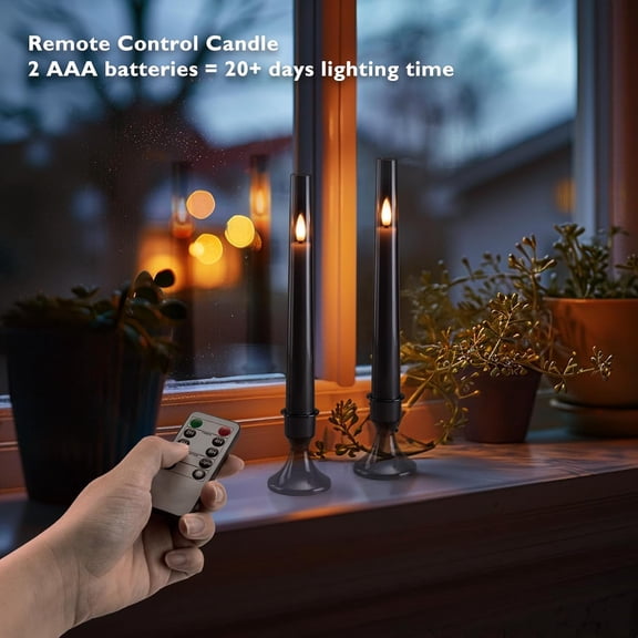 EFEMF-6 Pcs Flameless Taper LED Candles with Remote and Timer, 3D Wick Flickering, Window Candles with 2 Light Modes, Battery Operated for Xmas Wedding Decor, 9.6 Inch, Black
