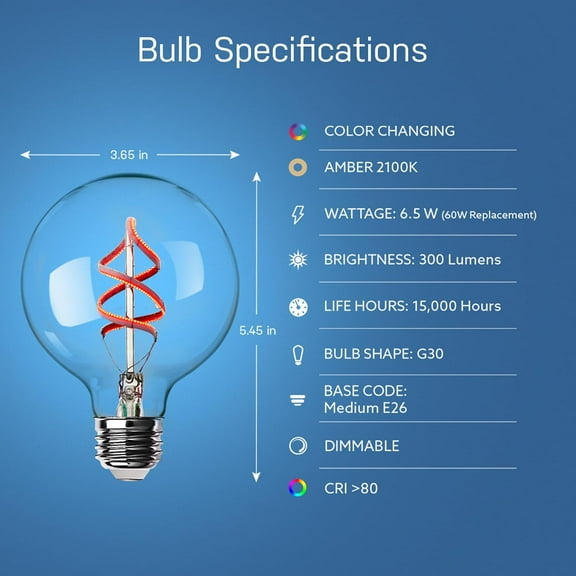 EFEMF-60 Watt Equivalent Smart Filament Globe Bulb, Spiral Filament WiFi Dimmable, Works with Alexa and Google Assistant No Hub Required, G30 Vanity LED Smart Light Bulb G3060/RGBW/FIL/AG