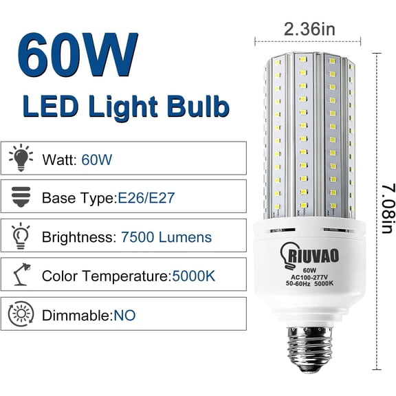 EFEMF-60W LED Corn Bulb 500W Equivalent Led Light Bulb 7500 Lumen Bright 5000K Daylight White E26/E27 Medium Base for Large Area Outdoor Indoor Garage Warehouse Factory Backyard