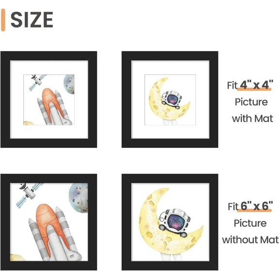 EFEMF-6x6 Picture Frame Set of 3, Made of High Definition Glass for 4x4 with Mat or 6x6 Without Mat, Wall and Tabletop Display Photo Frames, Black