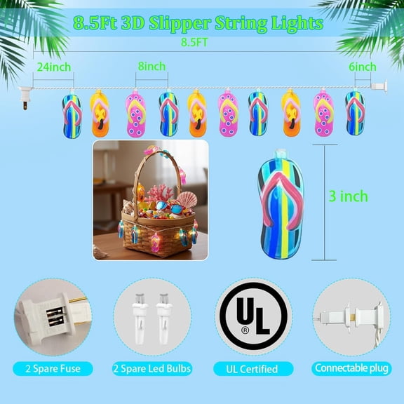 EFEMF-8.5Ft Summer Beach Themed Lights, 10L LED Flips Flops String Lights Plug in for Indoor and Outdoor Holiday Summer, Luau Aloha Hawaiian Tropical Party Dcorations.
