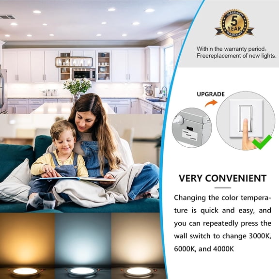 EFEMF-8 Inch LED Recessed Light with Junction Box.1Pack Ultra Thin LED Recessed Lights 3CCT 3000K/4000K/6000K Selectable Dimmable,18W 8" Ceiling Canless Light Downlight, Can Killer Lighting CR80+