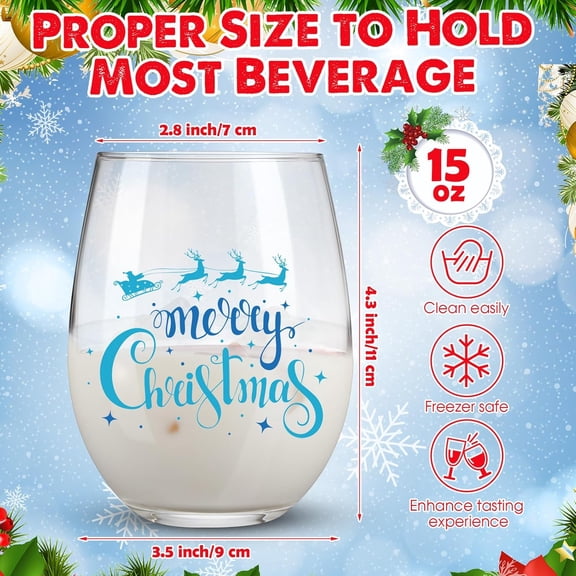 EFEMF-8 Pcs Winter Blue Wine Glasses Let It Snow Happy New Year Stemless Wine Glass 15 oz Snowflake Winter Let It Snow Leaf Tree Glasses for Holiday Party Family Birthday Decoration