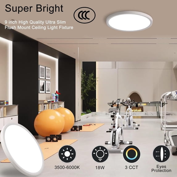 EFEMF-9 Inch LED Flush Mount Ceiling Light Fixture, 3500K/4500K/6000K Wall Switch Adjustable Ceiling Light,1800LM Ultra Thin Round White Lamp,18W Ceiling Lamp for Bedroom Kitchen Bathroom Living Room