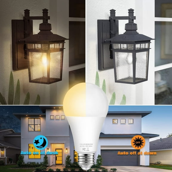 EFEMF-A19 Dusk to Dawn Sensor Light Bulbs Outdoor 100 Watt Equivalent, 11W Automatic On/Off LED Bulbs Warm White 3000K, 4-Pack 1200lumens Outdoor Smart Bulbs Photocell for Porch Garage Security, E26